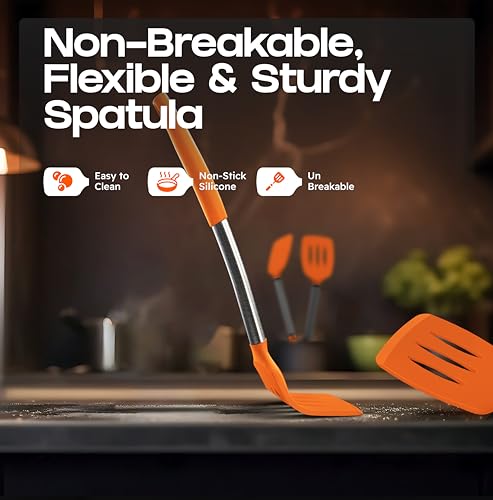 BakeRoyal Silicone Spatula Set - Turner Spatulas Silicone Heat Resistant 600°F - Slotted & Solid Silicone Spatulas for Cooking Fish, Eggs, Pancakes Flipper – Silicone Cooking Utensils Set – Orange - color: Orange