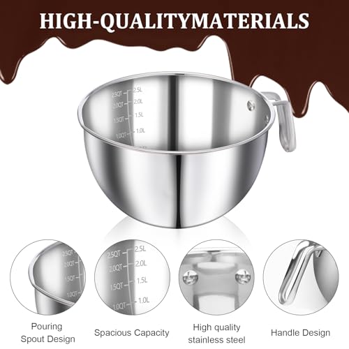 304 Stainless Steel Double Boiler Set - 2.6QT Melting Bowl with Scale and Handle - 4.2QT Dual-Handle Pot - Stackable Water Bath Melting Pot Set for Butter, Chocolate, Wax, Sugar, Candle