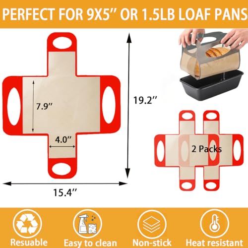 Silicone Bread Sling Mat - Reusable Sourdough Bread Making Loaf Pan Lifter Liner Non-stick & Easy Clean Dough Transfer Mats with 4 Handles Fits for 9x5" or 1.5lb Loaf Pans-Red - color: 2Pcs Red