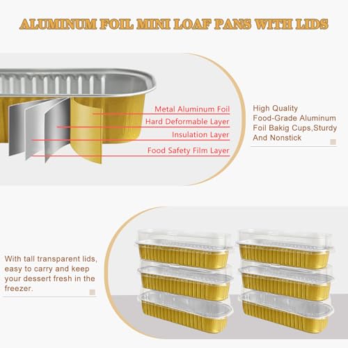 Mini Cake Pans with Lids and Spoons 200 Pack, Mini Loaf Pans with lids 6.8oz, Small Disposable Aluminum Foil Loaf Pans, Rectangular Baking Container for Party, Picnics and Housewarming (Gold) - color: Gold
