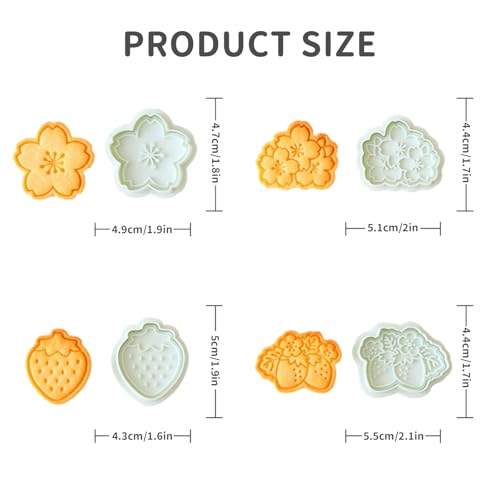 Strawberry & Cherry Blossom Spring Cookie Cutters, 4 Designs with Spring Pusher, Sakura Strawberry Biscuit Molds for Spring Party DIY Baking & Decorations - Set of 4 - color: Strawberry Cookie Cutter