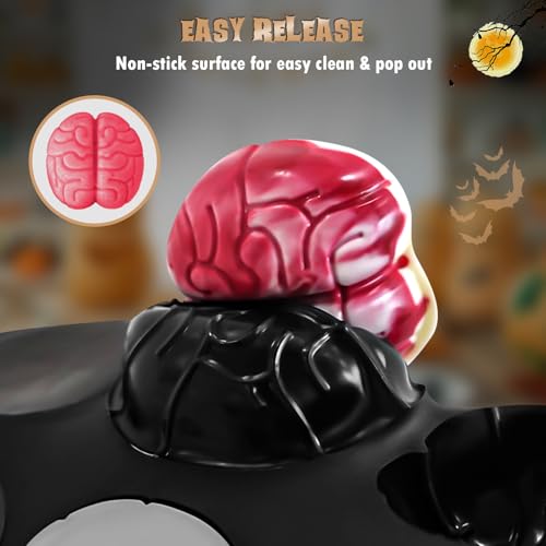 HKNMTT Halloween Brain Silicone Molds 2 Pack 6 Cavity, Spooky Brain Shape Baking Tray for Chocolate Candy Wax Melts Tarts Cupcake Pizza Cake Oven Safe Food Grade Moulds for Kids Party DIY Fun - style: Brain Shaped