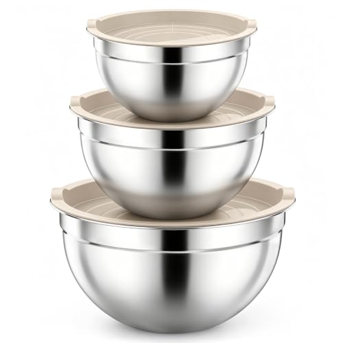 P&P CHEF Stainless Steel Mixing Bowls with Airtight Lids, Khaki - color: Khaki, style: Airtight Lids