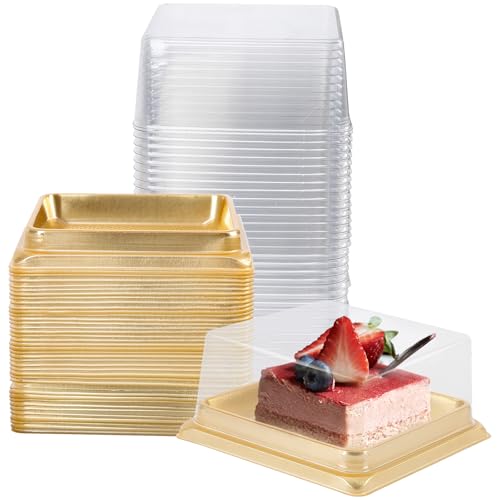 Hewnda 50 Pack Gold Cake Pans, Clear plastic mini cake box