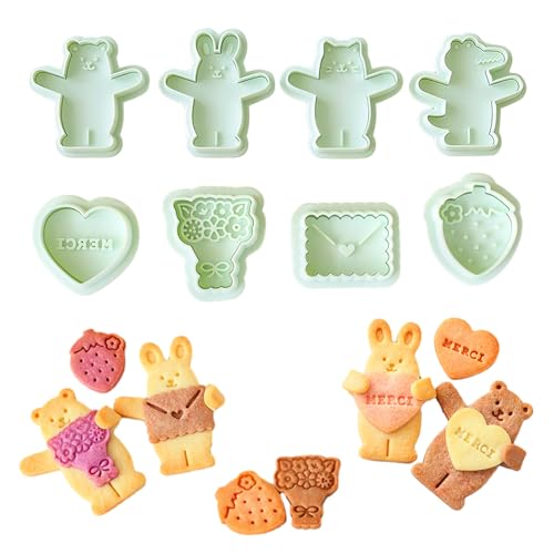 8-Piece Animal Hugs Mini Cookie Cutters with Removable Stamp-Pusher for 3D Baking, Fondant & Chocolate Mold Set - Ideal Creative Gift