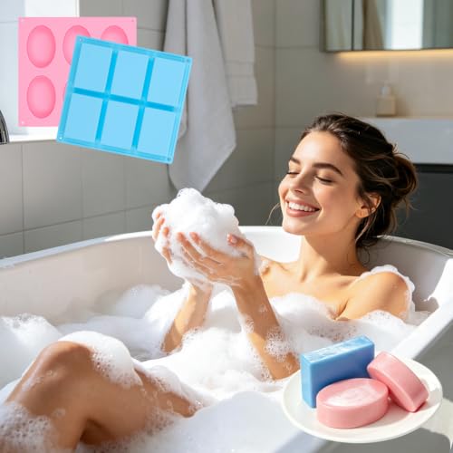 SJ Rectangle & Oval Soap Mold Set, 2-Pack 6-Cavity Silicone Soap Molds - color: Pink+Blue / Rectangular+Oval