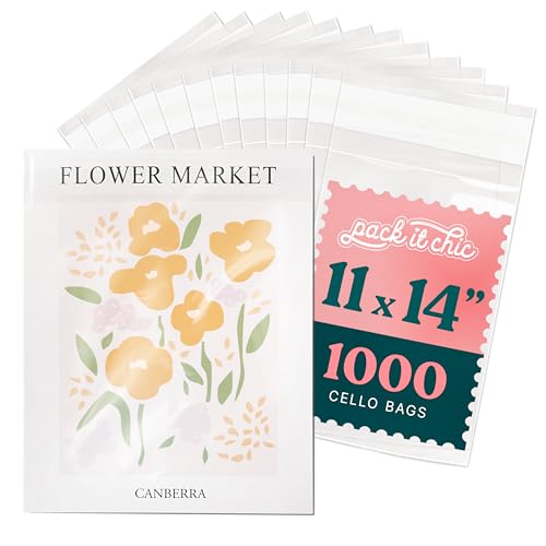 11x14 Clear Cellophane Bags, Self Sealing Art Sleeves, Resealable Poly Bags | Cello Bags for Gifts, Photos, Prints, Shirts, Pants, Paint, Envelopes, Letter Sized Documents - Pack It Chic (1000 Pack) - size: 11” X 14”