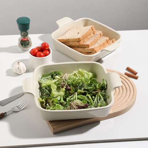 Sweejar Ceramic Baking Dish, 8 x 8 Cake Baking Pan for Brownie, Porcelain Square Bakeware with Double Handle for Casserole, Lasagna, Family Dinner (Beige) - color: Beige, size: Square 8IN