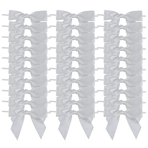 AIMUDI Silver Satin Ribbon Twist Tie Bows 3.5" Pretied Bows Premade Craft Bows for Treat Bags Cake Pop Gift Wrapping Basket Wedding Favors Cookie Candy Bagging Baby Shower - 50 Counts - color: Silver