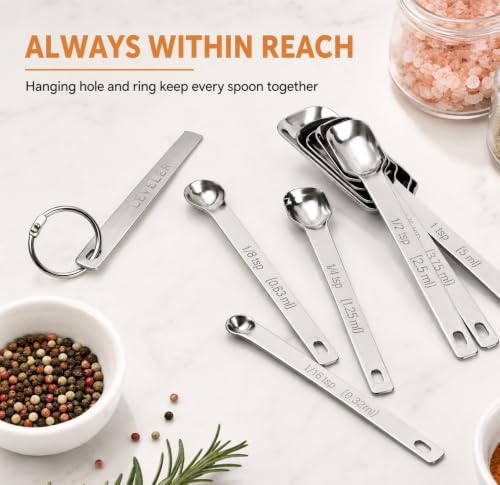 Stainless Steel Measuring Spoons Set of 13, Includes 7 Rectangular Measuring Spoons, 1 Leveler & 5 Tiny Spoons, Compact Spoons Design for Spice Jars, Ideal for Dry and Liquid Ingredients - size: Set of 13