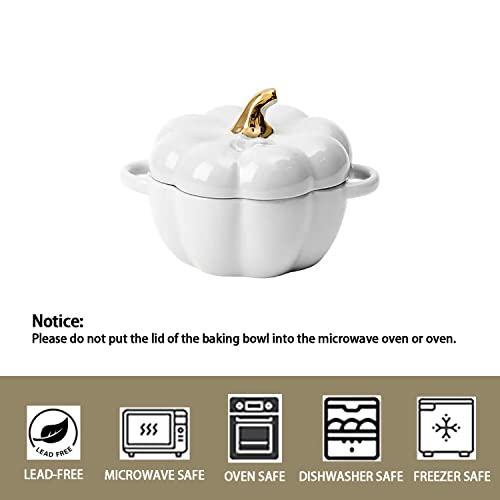 Pumpkin Bowl Set with Lid and Handle, Set of 2 Ceramic Ramekins for Baking, Casserole Dish Individual Severing Pot, Stoneware, Oven Safe, 14 Oz (White) - color: White
