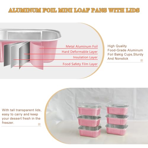 mini loaf pans with lids and spoons 50 Pack,5.5 oz Rectangle mini individual cake tins Disposable Small Aluminum Foil Baking pans(50, Pink) - color: Pink