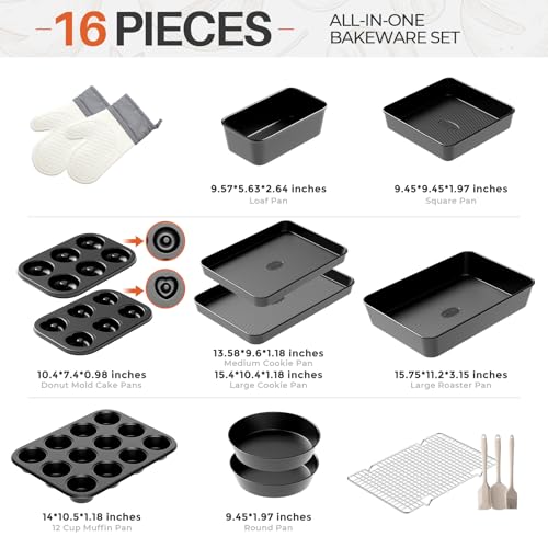 16-Piece Baking Pan Set, Nonstick Bakeware Set with Rack, Baking Sheet Set - size: 16PCS