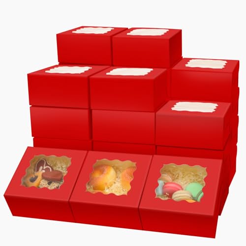 Bakepacker 60pcs Red Bakery Boxes with Window 6x6x3 inches Thick & Cookie Boxes & Sturdy Macaroon Pastry - color: Matte Red, size: 6"*6"*3" / 60 Pcs