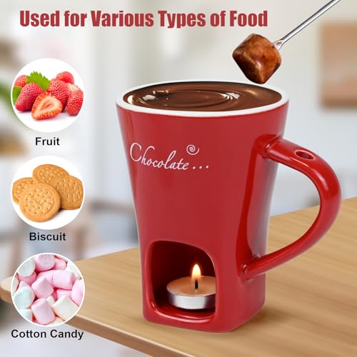 Sweet Fondue Cup Set, Chocolate Fondue Mug with 1 Fork and 4 Candles, Personal Ceramic Chocolate Melting Cup, Chocolate Fondue Cup, Ideal Gifts for Date Night, Birthday, Wedding (Red) - color: Red