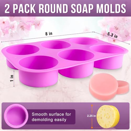 Walfos Round Silicone Soap Molds,Silicone Soap Molds,BPA Free and Non-Stick Circular Soap Mold,Perfect for Soap,Candles,Cookies,Cakes,Candy,Pudding,Jello.Set of 2 (Purple) - color: Pink/round