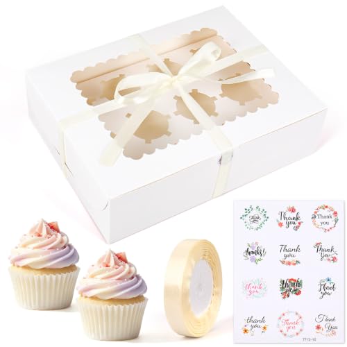 Whaline 6 Sets Mini Cupcake Holder Boxes 12-Count White Bakery Cupcake Container with Window Satin Ribbon Sticker for Wedding Birthday Party Supplies