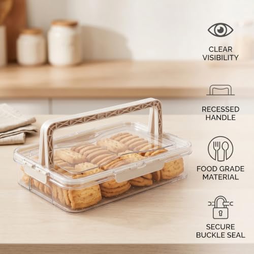 Cookie Storage Box with Airtight Lid and Handle, Clear Portable Plastic Food Container, Low Profile Snack Organizer Case for Desserts, Cupcakes, Dumplings, Fruit, Bread, Bagel, Donut
