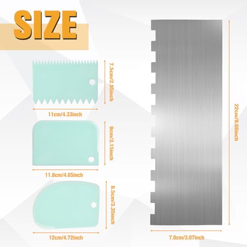 4Pack Stainless Steel Scraper Set 8.66Inch(22cm) Double-Sided Patterned Edge Comb & 3Pcs Shape Scrapers