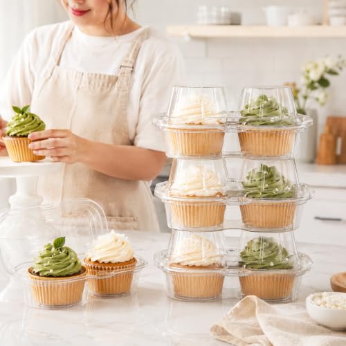 25PCS 2 Compartment Clear Cupcake Containers, Plastic Cupcake Holders 2 Cavity Stackable Deep Dome Clear Cupcake Holders, Cupcake Carrier for Cake Store and Bakery