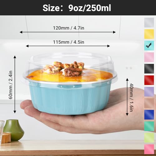 EUSOAR Mini Pie Pans with Lids, 50pcs 9oz Blue Disposable Muffin Tins Cake Containers, Foil Creme Brulee Ramekins Oven Safe Cupcakes Baking Cups Bread Pudding Liners for Wedding Birthday Party - color: Blue, size: 50pcs