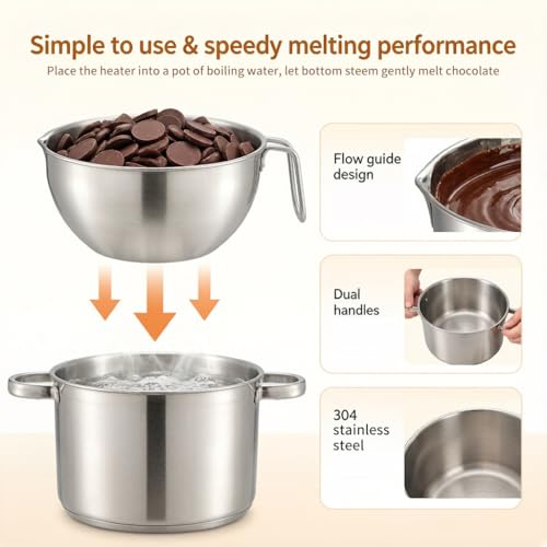 ZENFUN Double Boiler Pot Set with Silicone Spatula, 2000ML/1.8QT Chocolate Melting Pot with 2800ML/2.54QT Stainless Steel Pot, Candy Melting Pot, Chocolate Melter for Butter, Caramel, Cheese, Wax,