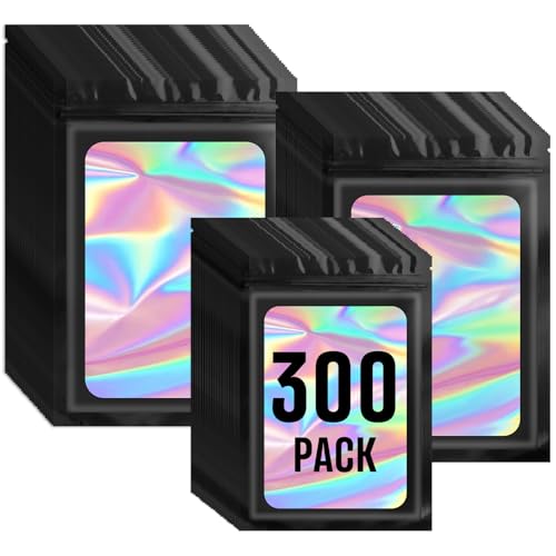 Funfery 300 Pack 3 Size Mylar Holographic Bags with Clear Window,Black - color: Black, size: 5.5x7.9+6.3x9.4+7x10 Inch