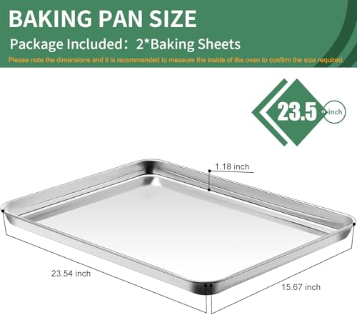 Baking Sheets Set of 2, HKJ Chef Cookie Sheets 2 Pieces Stainless Steel Baking Pans & Toaster Oven Tray Pans, Rectangle Size 23.54L x 15.67W x 1.18H inch & Non Toxic & Healthy & Easy Clean - size: 24inch