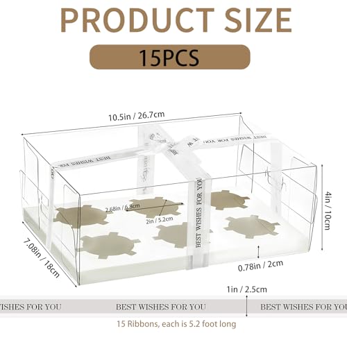 15 Pack Clear Cupcake Boxes, 6 Compartment Cupcake Container Set, Stackable Plastic Dessert Box with Gift Ribbon for Muffins, Macarons, Cookies, Dessert, Party(10.5 x 7.08 x 4 Inches)