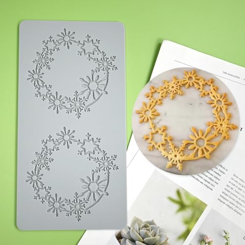 mostsom Lace Embossing Mat, Snowflower Wreath Silicone Fondant Impression Mold for Cake, Biscuit, Cookie, Pudding, Chocolate, Cupcake Toppers, Clay, DIY Dessert Decoration (B_ Snowflower Wreath) - size: B_ Snowflower Wreath