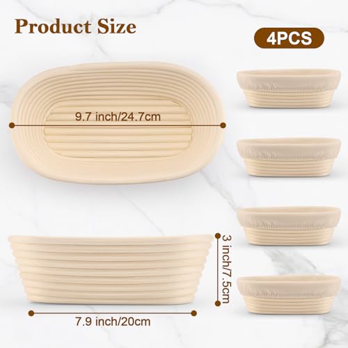 4 Pack 10 Inch Oval Banneton Bread Proofing Basket, Rattan Sourdough Bread Baskets with Liners for Home Baking - size: 10"Oval Basket-4 PCS