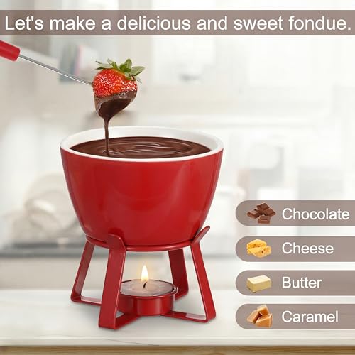 BSTKEY 320ML Ceramic Butter Warmer Set with 2 Dipping Forks, Fondue Pot Melting Pot Set, Melt Hot Pot Bowl Set for Cheese Chocolate Butter Caramel (Red) - color: Red