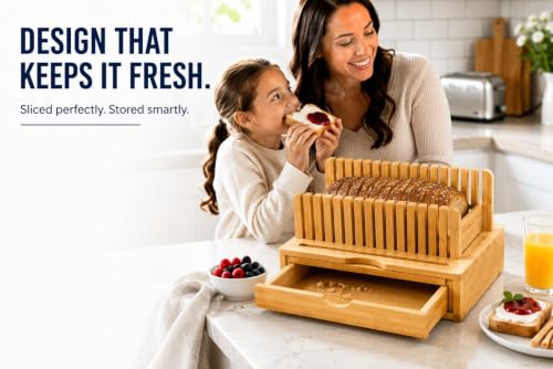 Bamboo Bread Slicer with Crumb Catcher Tray, Adjustable Slicing Guide and Knife Storage Drawer - Even Slice Loaf Cutter