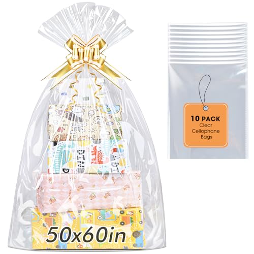 Yuiicaov 10PCS Extra Large Cellophane Bags, 50x60 Inches Clear Cellophane Wrap for Gift Baskets, Jumbo Huge Clear Gift Bags, Packaging Gifts 2.8 Mil Thick - size: 50x60 Inch(Pack of 10)