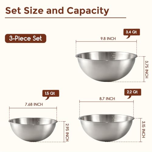 Gronivex Stainless Steel Mixing Bowls Set, 3-Piece (1.5, 2.2 & 3.4 Qt) - size: 3 Pcs, 1.5, 2.2 & 3.4 qt