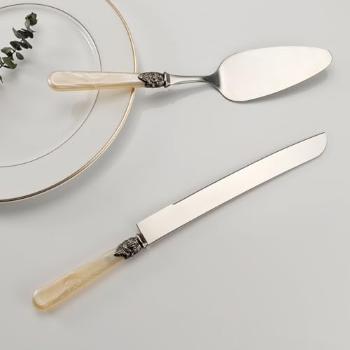 Wedding Cake Knife and Serve Set, Fancy Hand Craft Italian Style Design, Pearl Pie Knife Server Set, Vintage Silverware,Cake Cutter Set, Cake Knife Gift Set, 2 pcs (champagne) - color: Champagne