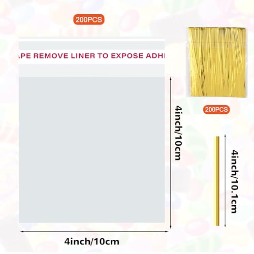 200Pcs Cookie Bags 4x4 Inches Self Sealing Cellophane Bags Self Adhesive Resealable Clear Large Cookie Bags with Twist Ties for Cookies Party Favors Bag - size: 4x4 Inches