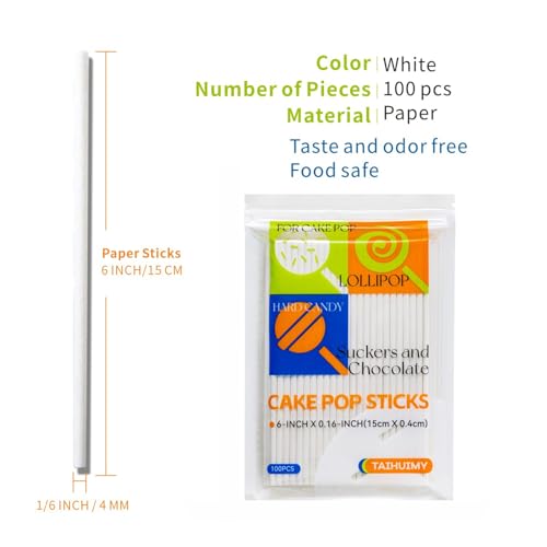 100 Count 6 INCH White Paper Lollipop Sticks,Cake Pop Sticks,Sucker Sticks for Cookies,Rainbow Candy,Chocolate,Cake Topper(Dia 4mm) - size: 6 Inch (Pack of 100)
