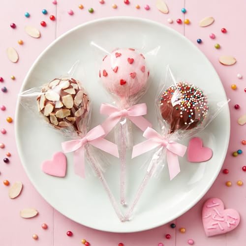 LemonRoad 320 Pcs Cake Pop Sticks and Wrappers Kit Treat Bags with Sticks Glitter Bows and Twist Ties for Mothers Day Lollipops Candies Chocolates Cookies Wedding Baby Shower Party Favor(Pink) - color: Pink