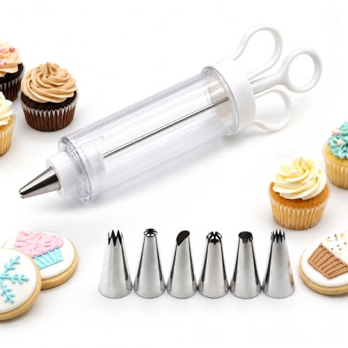 Cupcake Icing Piping Syringe, Cake Decorating Kit with 6 Stainless Steel Tips, Frosting Injector Tool for Dessert Filling and Decoration