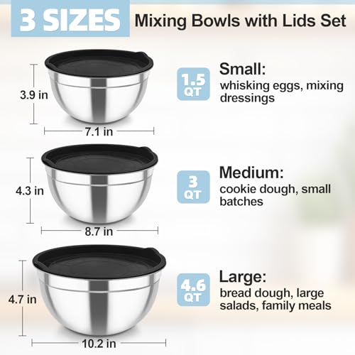 TeamFar Mixing Bowls, Stainless Steel Nesting Salad Bowls & Airtight Lids - color: Black