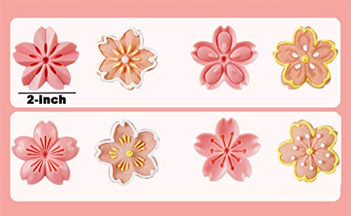 Pastry/Cookie/Fondant Stamper, 2-Inch Press Cookies Mold with 4 Stamps Pink Cherry Blossom Shape Flower Hand Pressure Pastry Tool Fondant Cutters Set for Baking