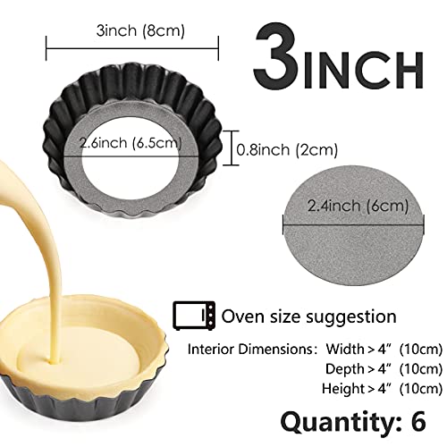 6 pcs Egg Tart Molds, 3" Mini Tart Pans Removable Bottom, Cupcake Cake Muffin Mold Tin Pan Baking Tool, Reusable Quiche Bakeware Carbon Steel for Pies, Quiche Bakeware, Cheese Cakes, Desserts - size: 3-inch Set of 6 Black