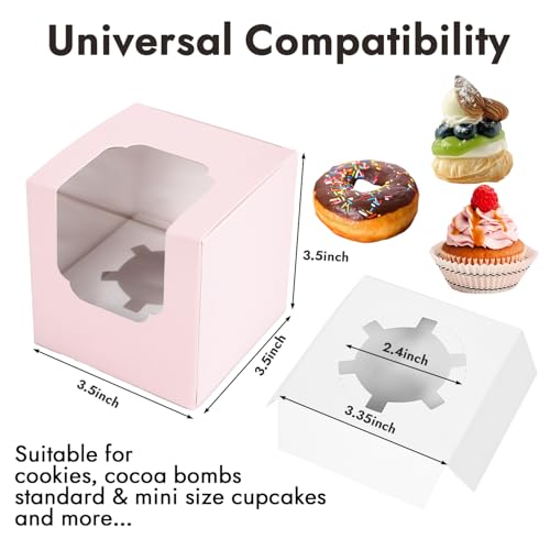 JCD 70 packs Pink Cupcake Boxes Individual Cupcake Container 3.5" x 3.5" x 3.5" Auto-Pop up Single cake Box for Bakery Gift Giving(70 Boxes+70 Inserts) (Pink/70Pcs) - color: Pink/70Pcs