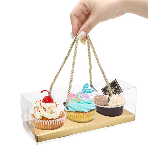 Coloch 24 Pack Gold Clear Cupcake Box with Handle, 9 x 3 x 3 In 3 Count Plastic Cupcake Container Baked Dessert Box, for Cupcake, Dessert, Muffins, Party, Wedding