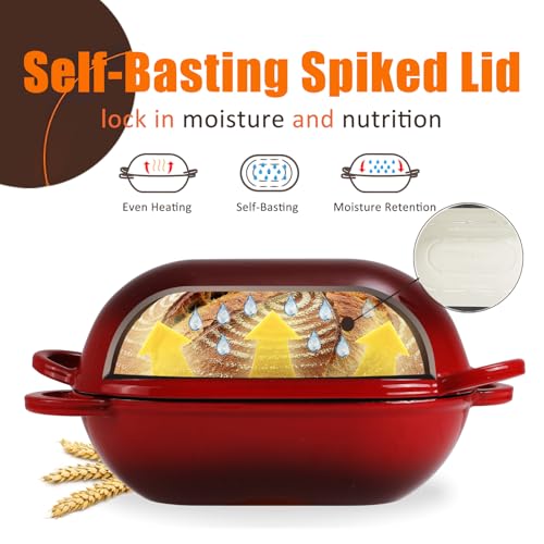 5 QT Enameled Cast Iron Sourdough Bread Oven, Loaf Pan with Lid - color: Red, size: 5 QT