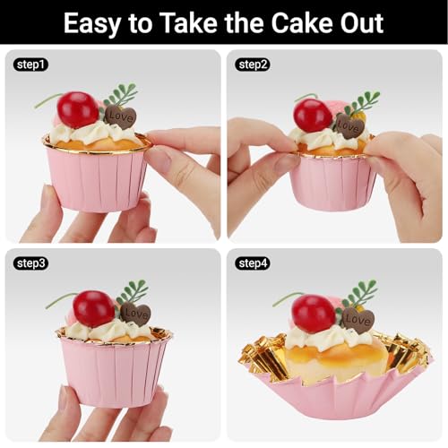 EUSOAR Cupcake Cups, 50pcs 3.5oz Aluminum Mini Cheesecakes Holders Disposable Ramekins, Muffin Liners with Lids Foil Wrappers Cupcake Containers Baking Cups for Birthday Wedding Party Festival - color: Pink/Gold, size: 50pcs