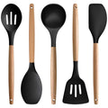 Silicone Cooking Utensils Set of 5, Heat Resistant Silicone Kitchen Utensils Set with Wooden Handle, BPA Free Spatula Spoon Turner Ladle Cooking Kitchen Gadgets for Nonstick Cookware & Baking - color: Black, size: Standard 5-Piece Set