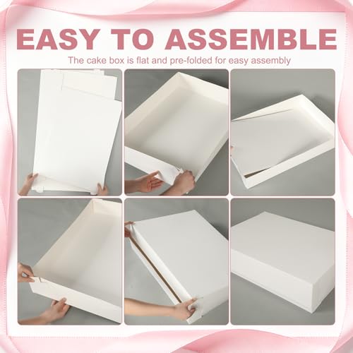 5 Set Full Sheet Cake Box 26 x 18 x 4 Inch with Cake Boards and Pink Satin Ribbon Large Rectangle Bakery White Bakery Boxes for Packaging Cupcakes Muffins Pie