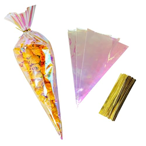 MITOB 50 Pack Cone Shaped Clear Cellophane Treat Bags with Twist Ties - size: 6.1x10 inch (Cone Shaped)